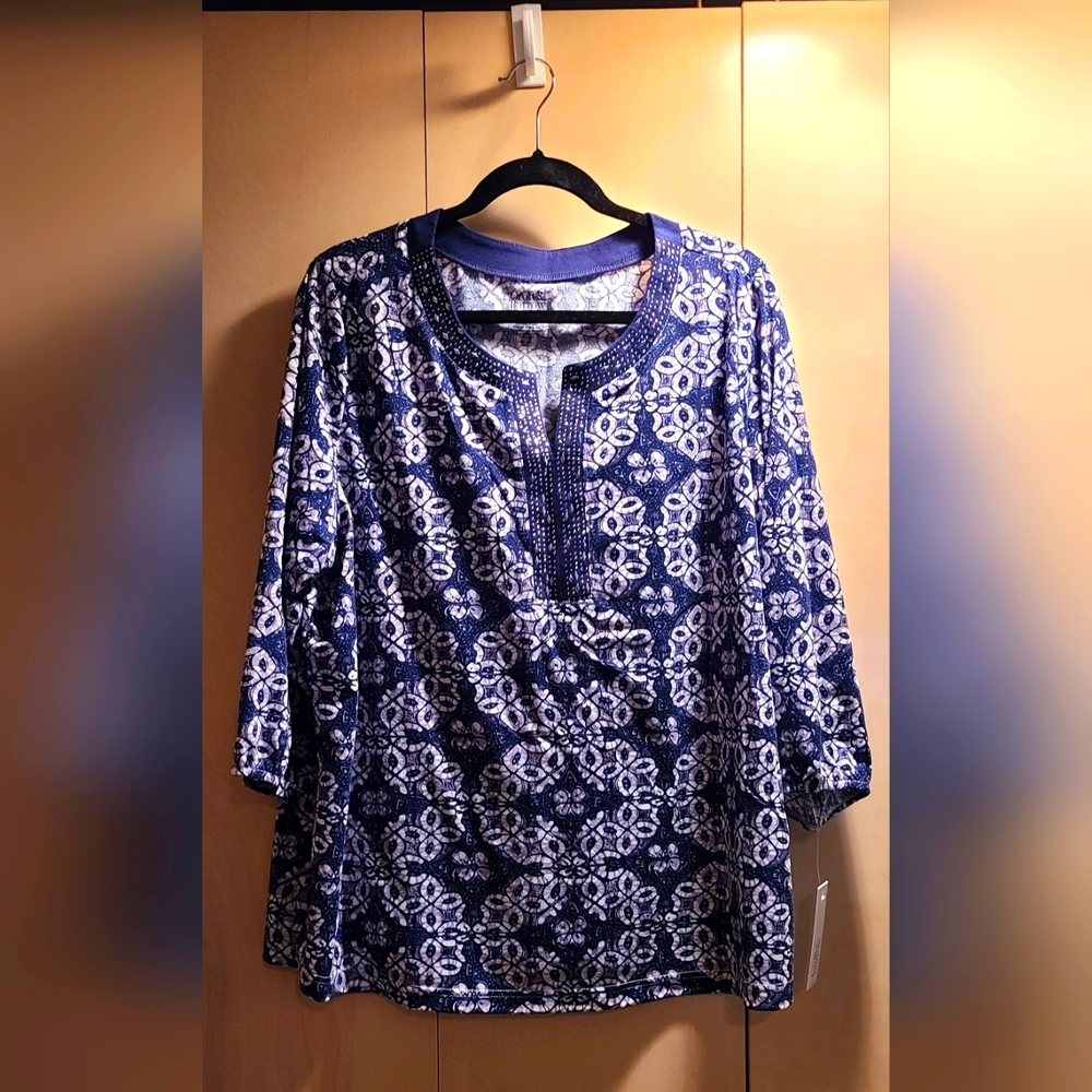 Croft and Barrow 3/4 Sleeve Split Neck Top 2X Blue NWT
